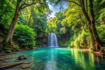 A serene forest path leading to a hidden waterfall cascading into a crystal-clear pool surrounded by lush greenery and towering trees, forest path, water fall, pool, lush greenery, tree
