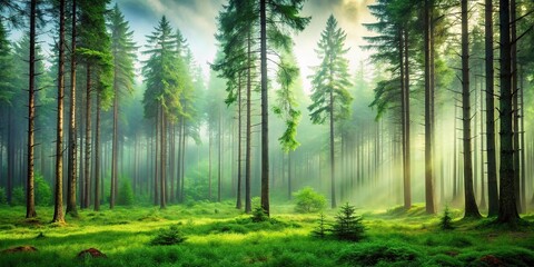 Naklejka premium A serene forest landscape with tall trees and a misty atmosphere on a green background, conservation area, peaceful