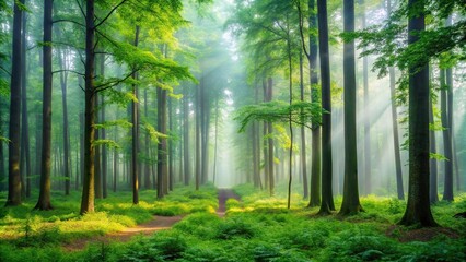 Obraz premium A serene and peaceful forest scene with tall trees surrounded by a lush green foliage on a misty morning, foliage, nature, flora, tranquility