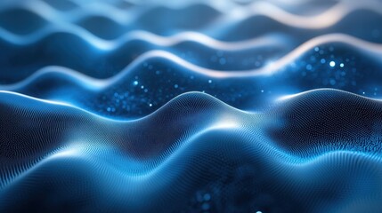 Fototapeta premium Abstract blue gradient hologram dynamic wave of particles. Digital wallpaper technology