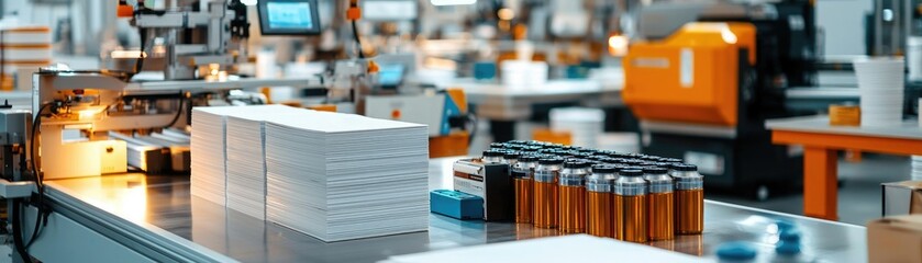 A clean, organized production line showcasing rows of packaged items and beverage bottles in a modern manufacturing facility.