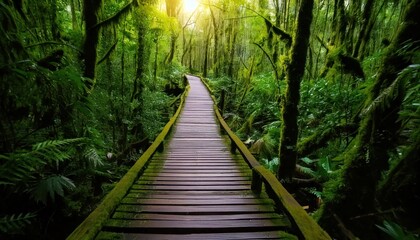 Wooden bridge in the rain forest at Doi Inthanon National Park, Chiang Mai, Thailand 