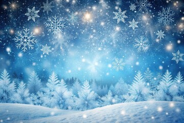 Frosty snowflakes falling gently on a winter landscape background, peaceful scene, serene landscape, winter scenery, snowfall