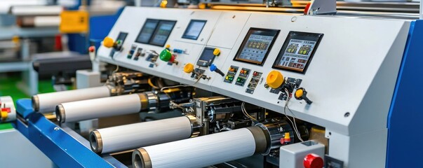 A modern textile machine featuring multiple controls and spindles, designed for efficient fabric processing and manufacturing.