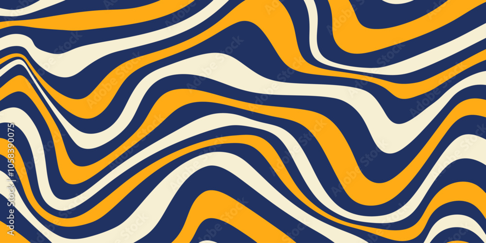 Poster Abstract horizontal background with dynamic waves. Trendy vector illustration in style retro 60s, 70s.  Yellow, beige and dark blue colors