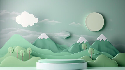 cartoon 3d green little forest mountain and sun cloud