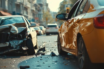 Naklejka premium Car accident on a modern city street road, head-on collision side view. cars were damage