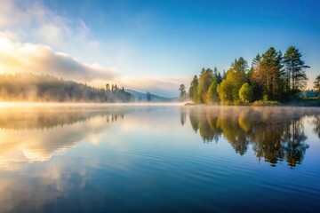 A misty morning with fog rolling in off the tranquil lake surface, nature, water, landscape, peaceful, serene