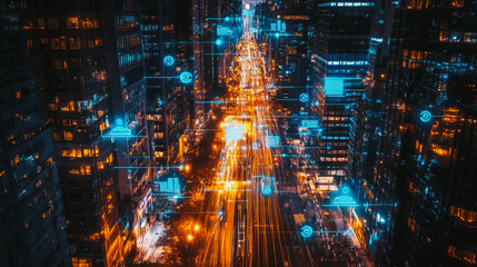 Fototapeta premium Smart digital Innovation city with connection network reciprocity over the cityscape. of future smart wireless digital city and social media networking systems that connects people with in city 