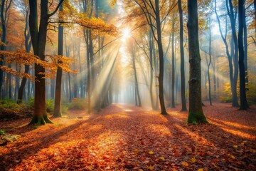 Fototapeta premium A misty morning with autumn leaves scattered on the forest floor, sunlight filtering through the trees creating a warm glow, sunlight, forest floor