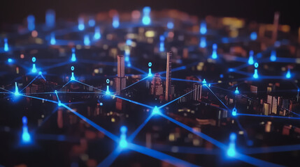 Obraz premium Smart digital Innovation city with connection network reciprocity over the cityscape. of future smart wireless digital city and social media networking systems that connects people with in city 