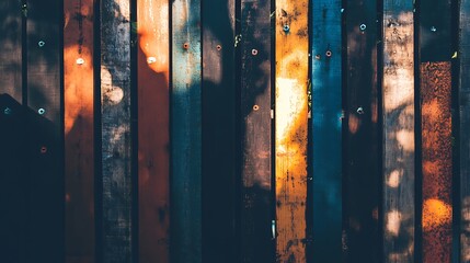 Rustic Wooden Fence with Colorful Stripes for Background or Texture Smooth Blue Background with Copy Space for Advertisements