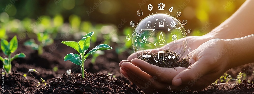 Poster hands holding soil with a glowing orb of interconnected icons symbolizing technological innovation i