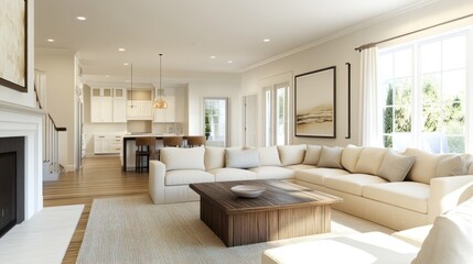 Fototapeta premium Modern Living Room with Sectional Sofa and Kitchen View