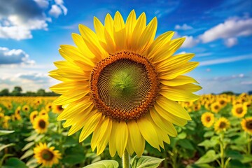 A majestic sunflower standing tall with its large yellow petals, bloom, flower