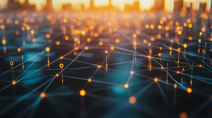 Obraz premium Smart digital Innovation city with connection network reciprocity over the cityscape. of future smart wireless digital city and social media networking systems that connects people with in city 