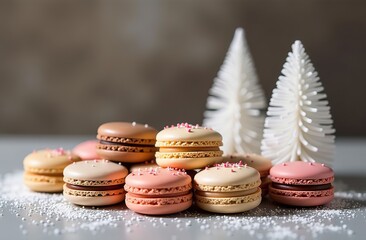 Fototapeta premium A group of diverse macaroons are arranged on a table near a tiny white Christmas tree