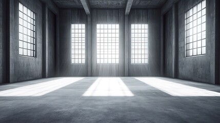 Fototapeta premium A large empty concrete room with large windows and sun shining through Plain Textured Background for Web Design and Copy