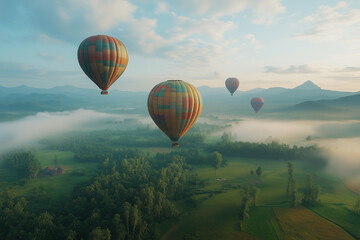 Fototapeta premium Colorful hot air balloons flying over the landscape at sunset. Cappadocia in Turkey