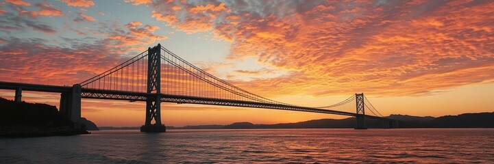 Obraz premium A majestic bridge stretching into the horizon against a fiery sunset sky, dusk, nature, bridge
