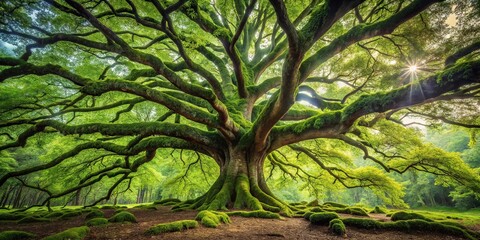 A majestic, ancient tree with a thick layer of moss covering its trunk and branches, outdoor photography, trees, nature, landscape, plants