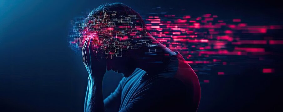 Conceptual image of a person feeling overwhelmed and stressed in digital chaos.