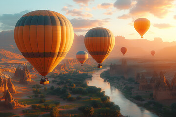 Obraz premium Colorful hot air balloons flying over the landscape at sunset. Cappadocia in Turkey