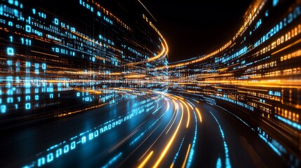 Fototapeta premium Abstract digital tunnel with glowing binary code for technology and data concepts Subtle Blur Background with Space for Custom Text