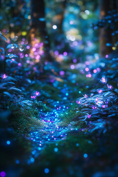 Mystical moonlit forest with enchanting glowing lights resembling fairies, winding mossy path, and luminescent flowers. Evokes a sense of mystery and wonder in the heart of nature.