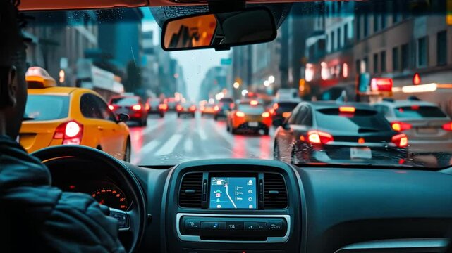 A man driving for a ride-sharing service, navigating city streets, with a passenger in the backseat,