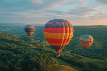 Naklejka premium Colorful hot air balloons flying over the landscape at sunset. Cappadocia in Turkey