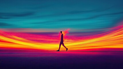 Silhouette of a person walking through vibrant light trails against a colorful background.