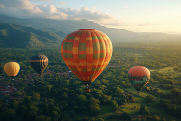 Obraz premium Colorful hot air balloons flying over the landscape at sunset. Cappadocia in Turkey