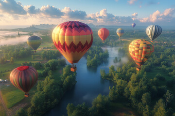 Fototapeta premium Colorful hot air balloons flying over the landscape at sunset. Cappadocia in Turkey