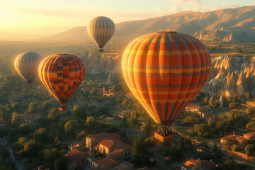 Obraz premium Colorful hot air balloons flying over the landscape at sunset. Cappadocia in Turkey