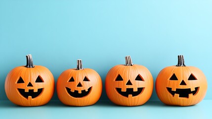 Four Jack o' Lantern Pumpkins with Smiling Faces on a Blue Background, Perfect for Halloween Decorations, Greetings, and Festive Celebrations Light Gradient Background with Room for Typography