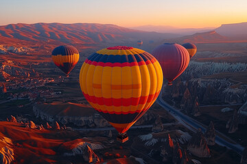 Obraz premium Colorful hot air balloons flying over the landscape at sunset. Cappadocia in Turkey