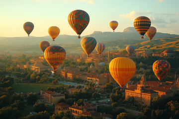 Obraz premium Colorful hot air balloons flying over the landscape at sunset. Cappadocia in Turkey
