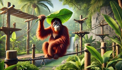 Obraz premium The Playful Orangutan with a Leaf Hat