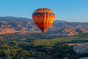 Fototapeta premium Colorful hot air balloons flying over the landscape at sunset. Cappadocia in Turkey
