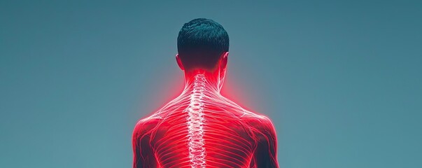 Human spine illustration with glowing red details, isolated on a blue background.