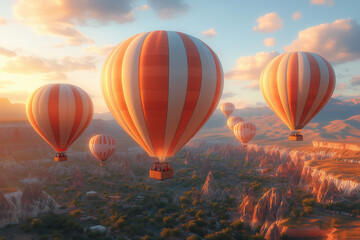 Fototapeta premium Colorful hot air balloons flying over the landscape at sunset. Cappadocia in Turkey