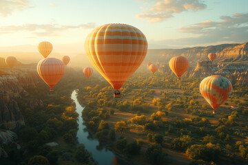 Fototapeta premium Colorful hot air balloons flying over the landscape at sunset. Cappadocia in Turkey