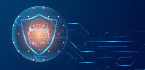 Cyber security attach concept. Data protection with shield and lock background vector editable