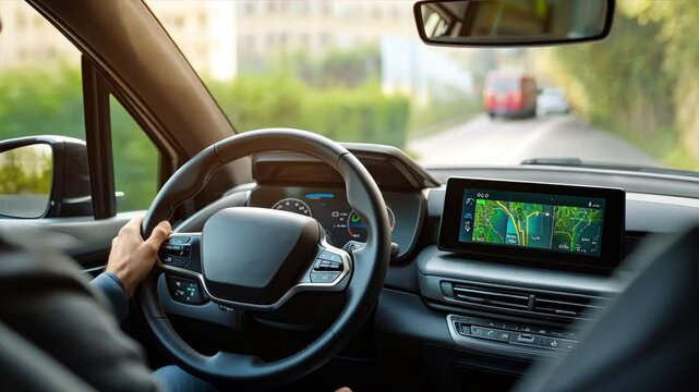 A man driving for a ride-sharing service, navigating city streets, with a passenger in the backseat,