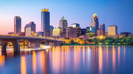 Vibrant City Skyline at Twilight Over Water