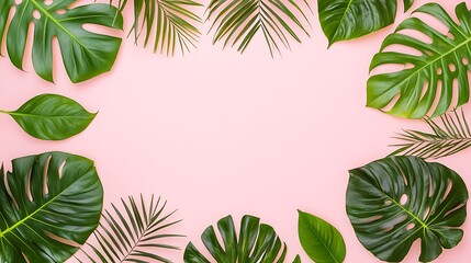 Tropical Leaves Frame on Pink Background for Summer Design Minimalist White Background with Space for Text