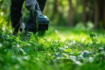 Man cutting green grass with an electric string trimmer outdoors