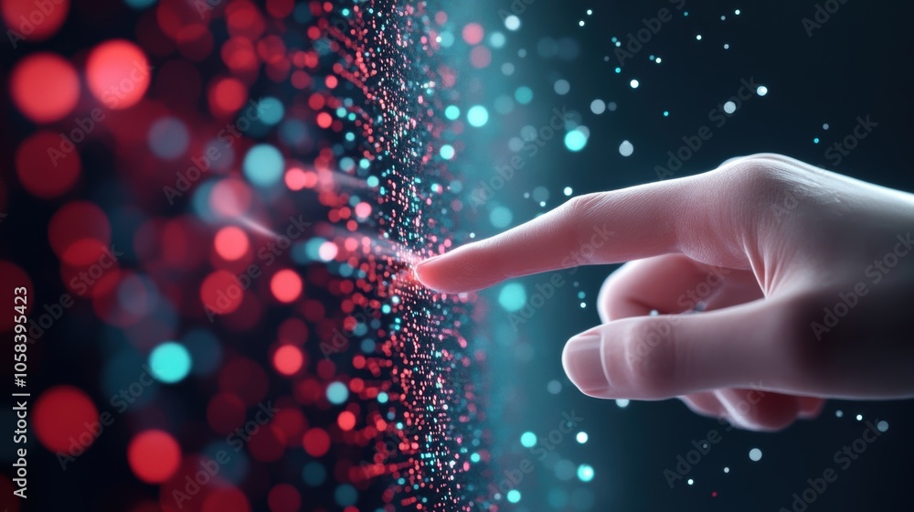 Poster a close up of a hand interacting with a holographic interface displaying a complex web of interconne
