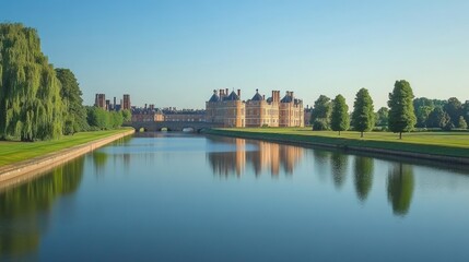 Fototapeta premium Scenic View of Historic Mansion by Calm River